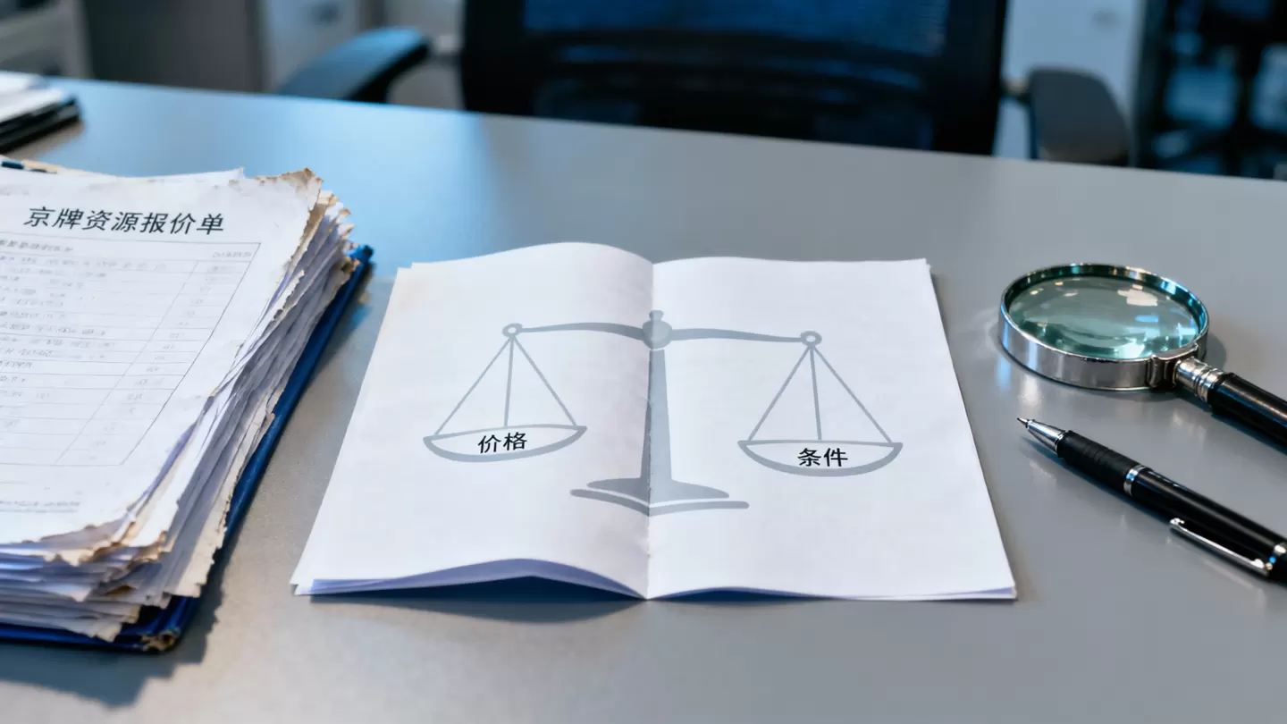 俯视桌面上的京牌报价单与天平筛选对比